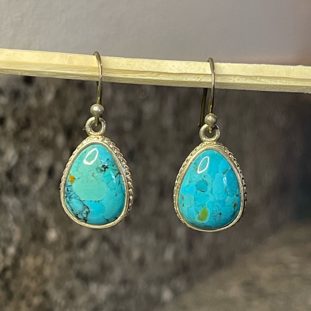 Sterling Silver Earrings with Turquoise Stone in Antique Setting